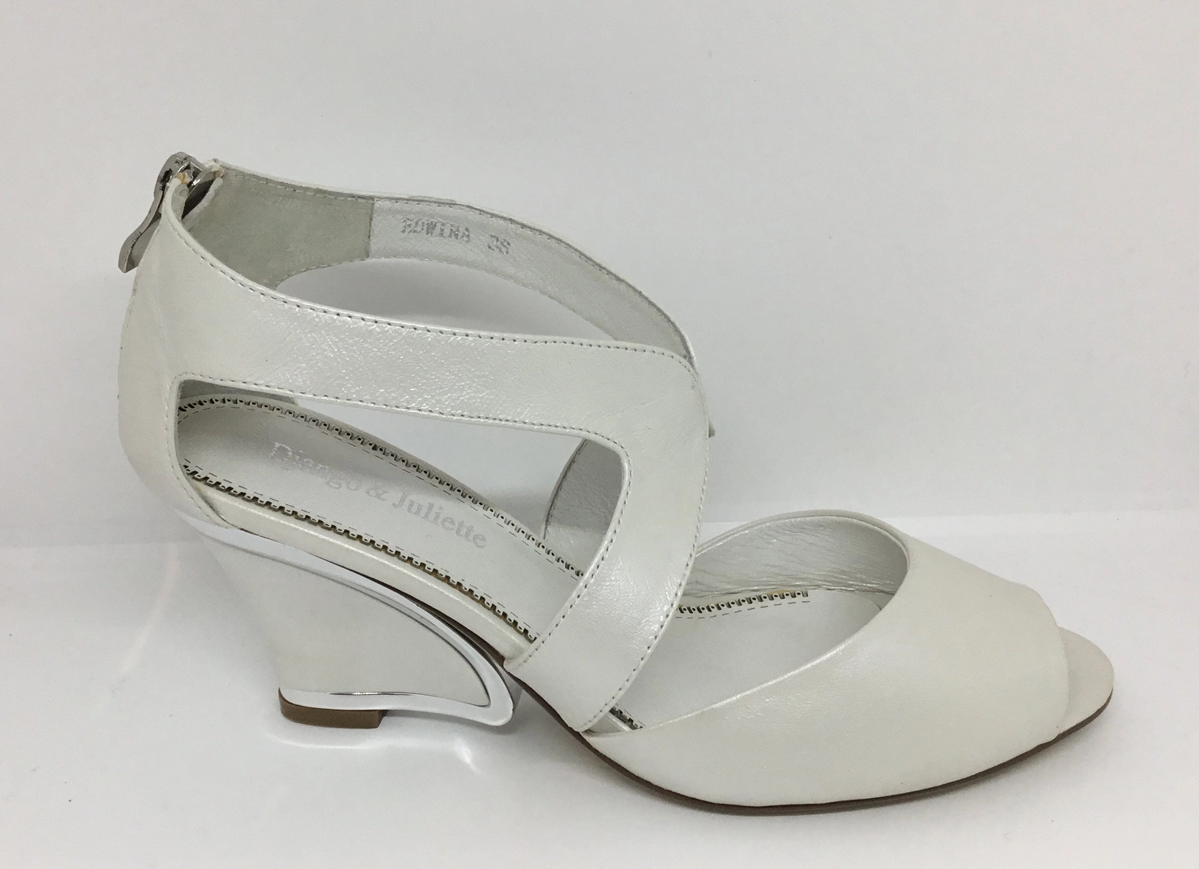 Django & Juliette Edwina White Pearl Leather Heel Evening Heels Zip Loop