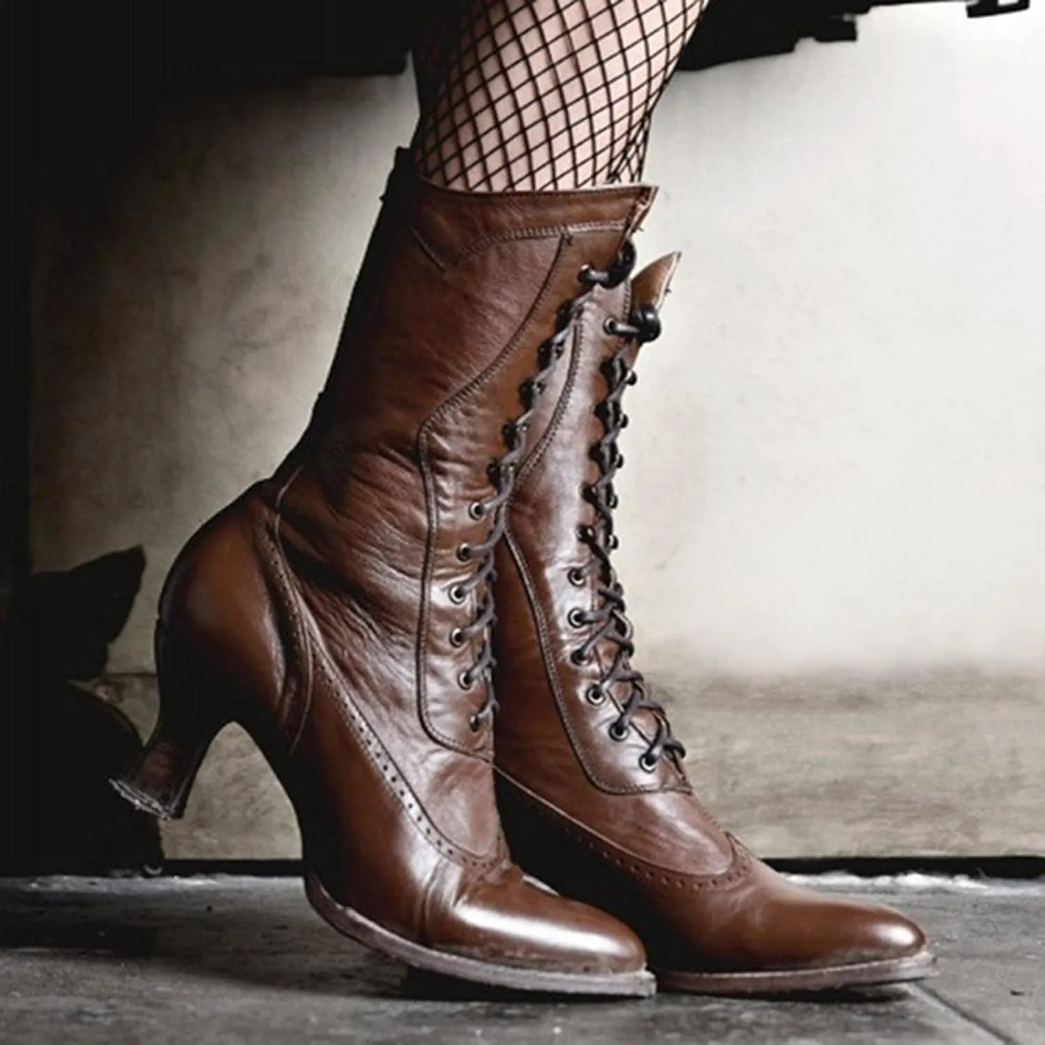 Ankle Boots for Women Comfy Dressy Mid Calf Boots Fall and Winter Fashion Pointed Toe Square Heel Lace Up Boots