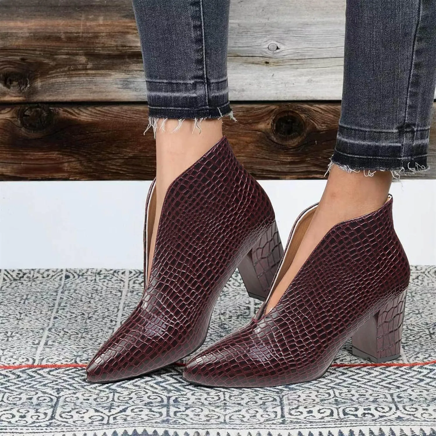 Ankle Boots for Women Dressy Autumn Chunky Mid Heel Snake Solid Color Pointed Toe Comfortable V Cutout Short Boots