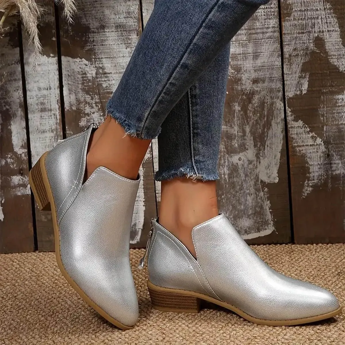 Ankle Boots for Women Fall Fashion Dress Short Low Heels Chunky Stacked Cutout Booties Ruffle Slip On Pointed Toe Shoes Booties
