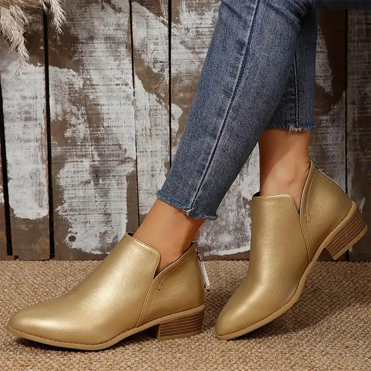 Ankle Boots for Women Fashion Fall Booties Low Heels Chunky Stacked Cutout Dress Short Ruffle Slip On Pointed Toe Shoes