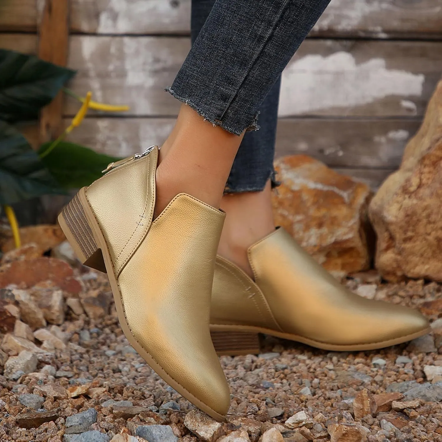 Ankle Boots for Women Fashion Fall Booties Low Heels Chunky Stacked Cutout Dress Short Ruffle Slip On Pointed Toe Shoes