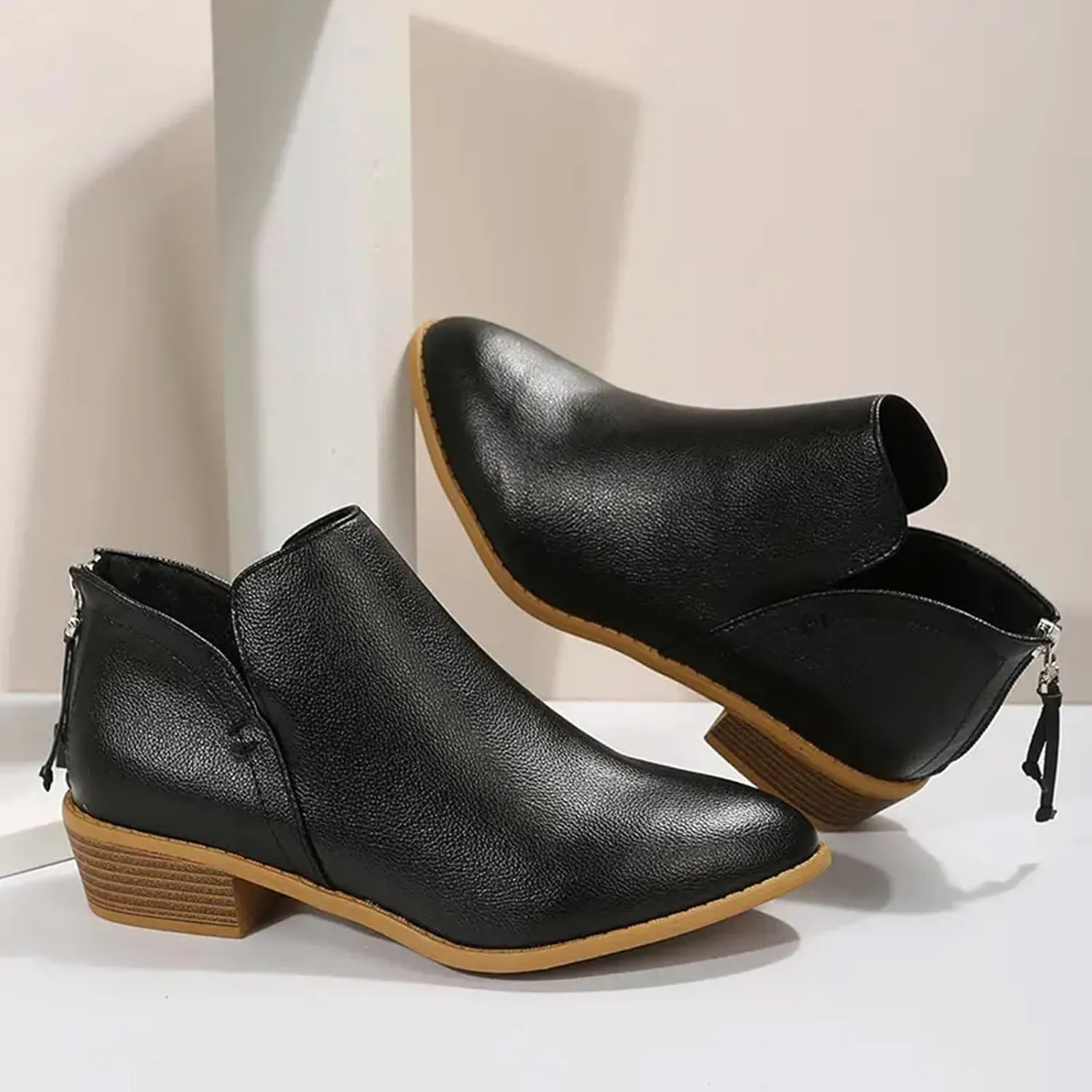 Ankle Boots for Women Fashion Fall Booties Low Heels Chunky Stacked Cutout Dress Short Ruffle Slip On Pointed Toe Shoes