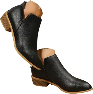 Ankle Boots for Women Fashion Fall Booties Low Heels Chunky Stacked Cutout Dress Short Ruffle Slip On Pointed Toe Shoes