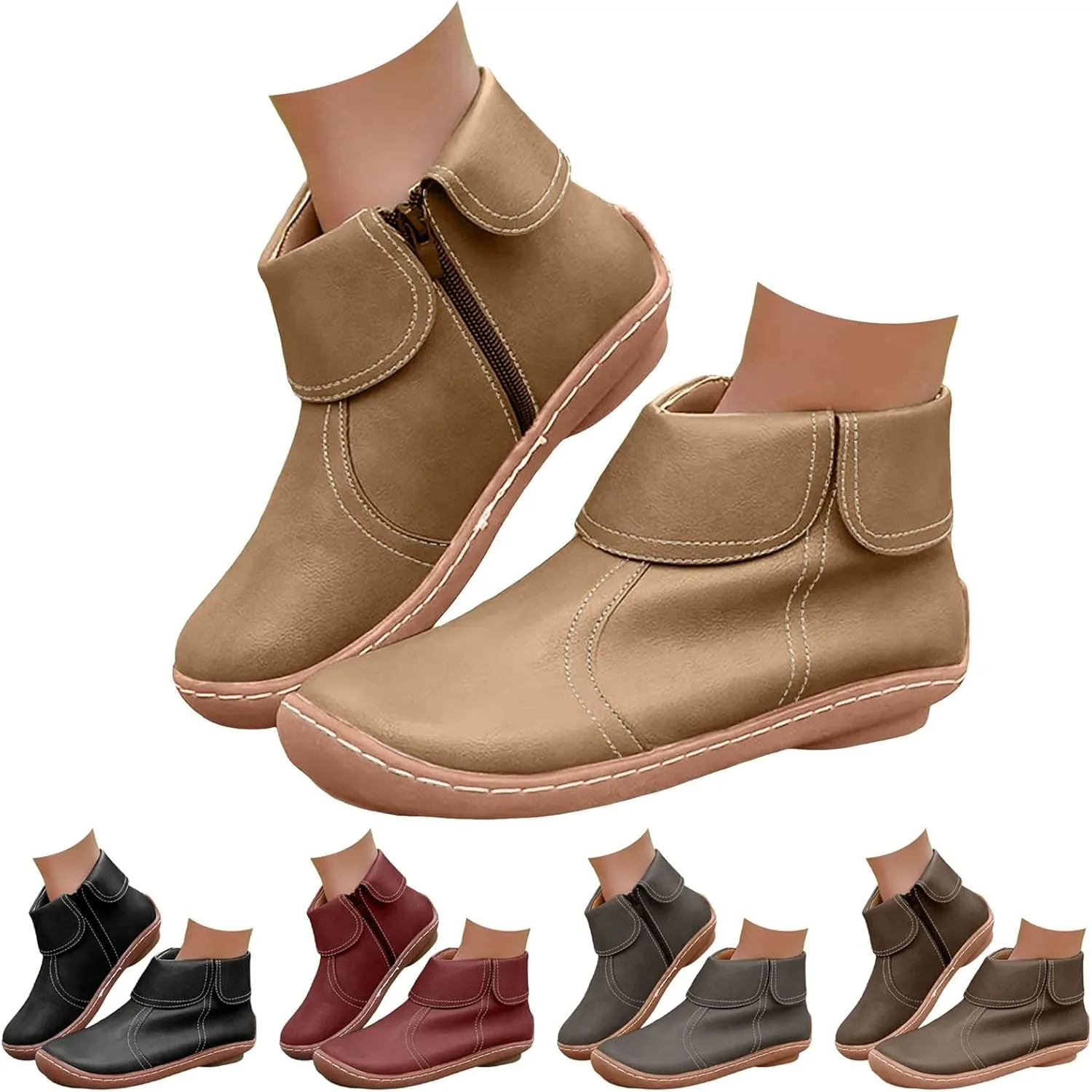 Ankle Boots for Women No Heel Casual Chelsea Boots Retro Classic Non Slip Round Toe Platform Side Zipper Riding Boots