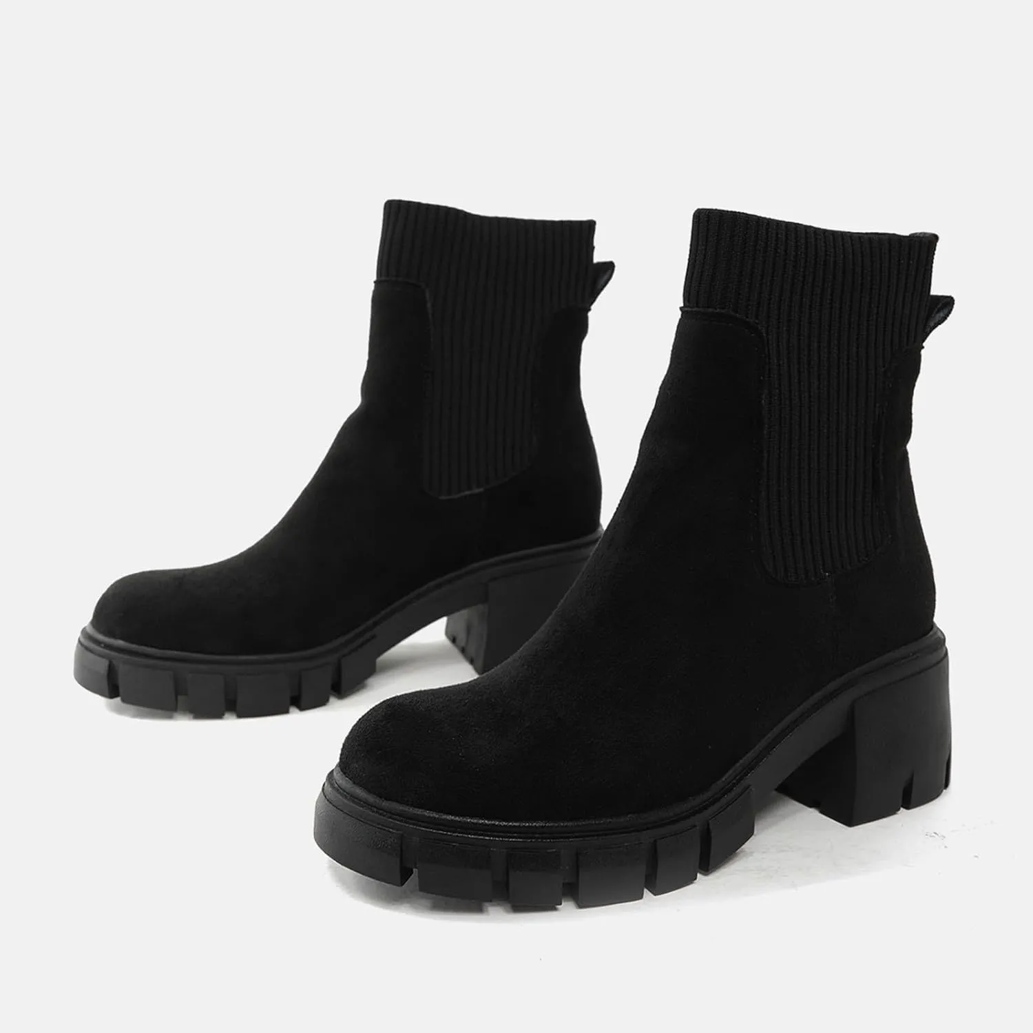 Ankle Boots for Women Western Faux Suede Chelsea Boots Elastic Chunky Block Heel Platform Slip on Fashion Causal Booties