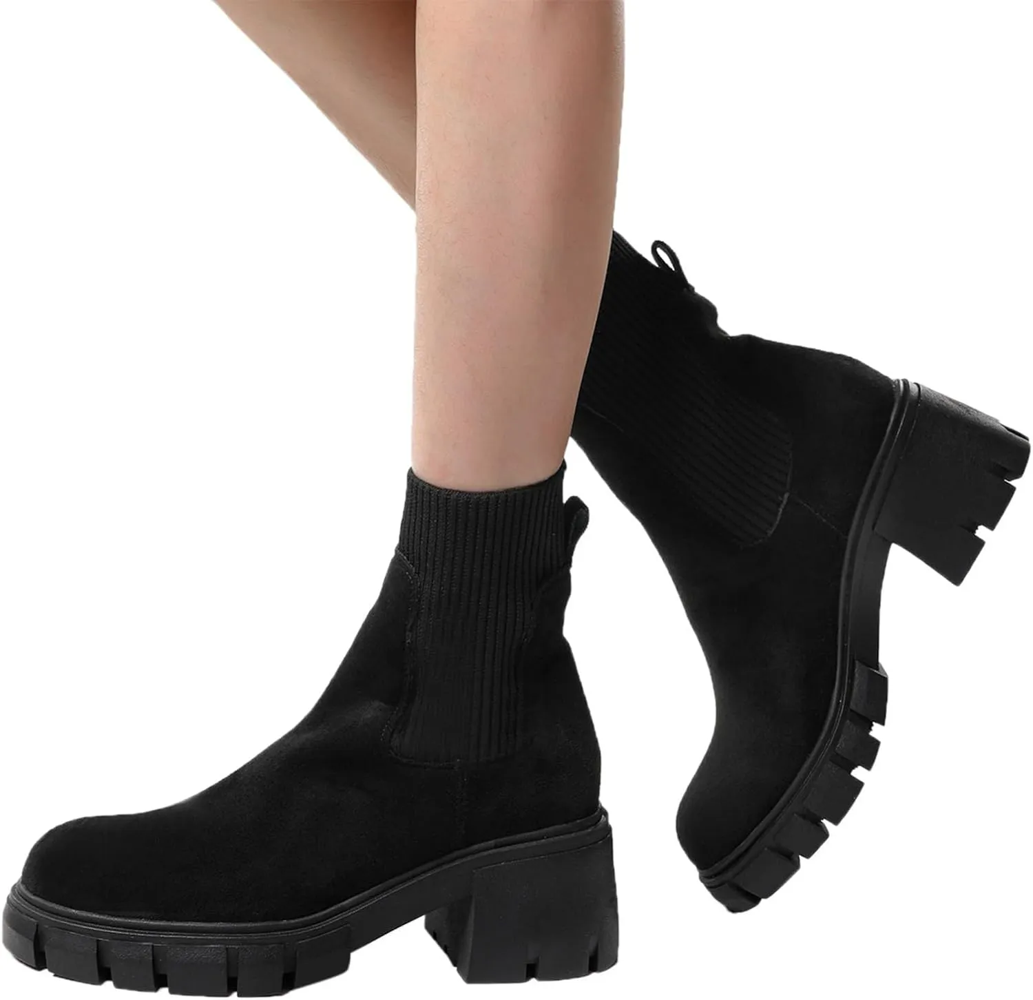 Ankle Boots for Women, Women's Fashion Platform Elastic Non-Slip Chelsea Boots Lug Sole Chunky Block Heel Combat Shoes