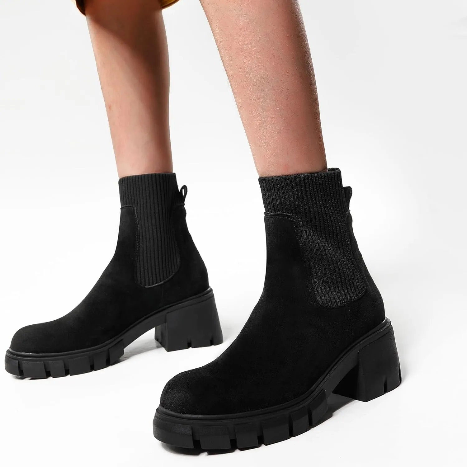 Ankle Boots for Women, Women's Fashion Platform Elastic Non-Slip Chelsea Boots Lug Sole Chunky Block Heel Combat Shoes