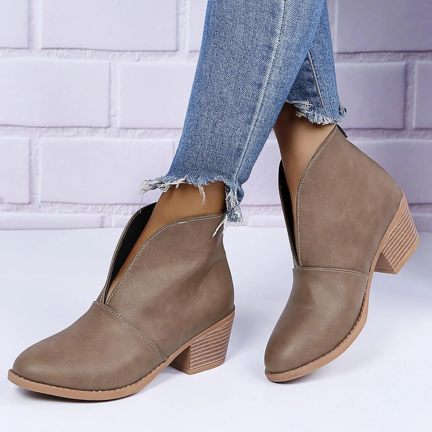 Ankle Boots for Women Womens Pointed Toe Ankle Boots V Cut Back Chelsea Booties Slip On Chunky Low Heel Western Booties