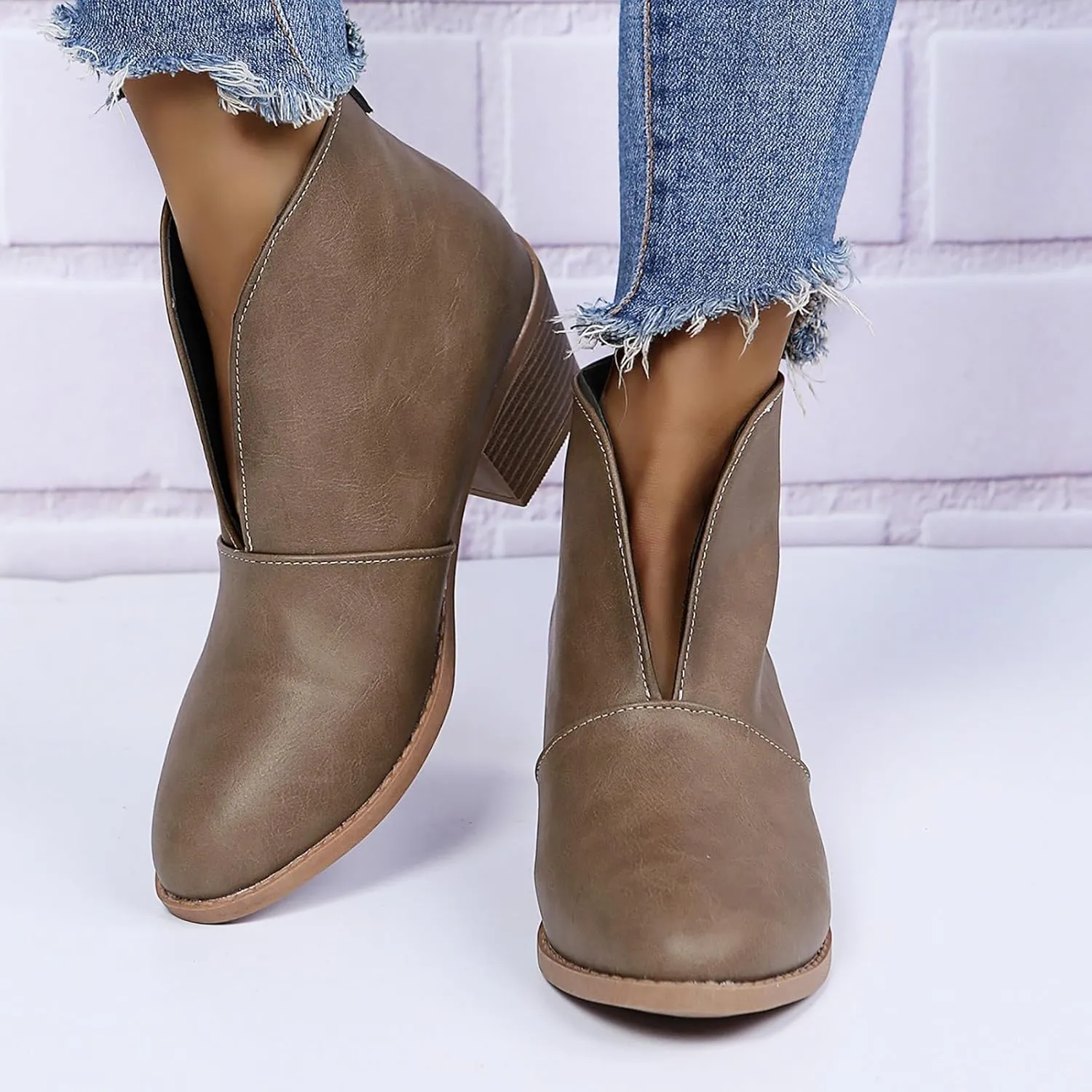 Ankle Boots for Women Womens Pointed Toe Ankle Boots V Cut Back Chelsea Booties Slip On Chunky Low Heel Western Booties