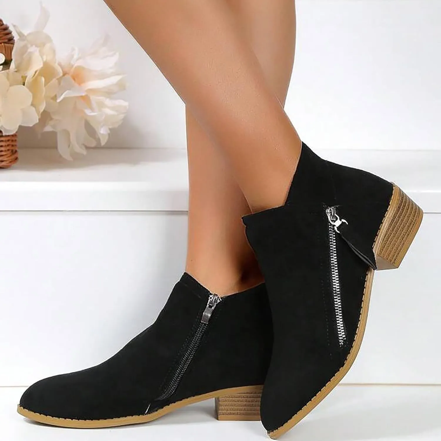 Ankle Boots for Women Women's Suede Chelsea Boots Fashion Pointed Toe Chunky Stacked Low Heel On Both Side Zip Ankle Booties