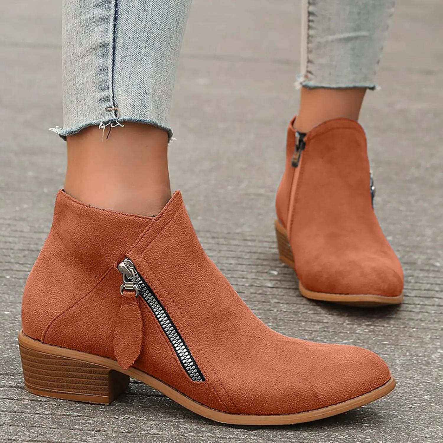 Ankle Boots for Women Women's Suede Chelsea Boots Fashion Pointed Toe Chunky Stacked Low Heel On Both Side Zip Ankle Booties