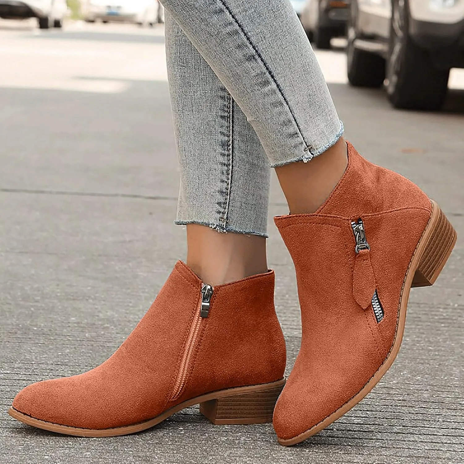 Ankle Boots for Women Women's Suede Chelsea Boots Fashion Pointed Toe Chunky Stacked Low Heel On Both Side Zip Ankle Booties