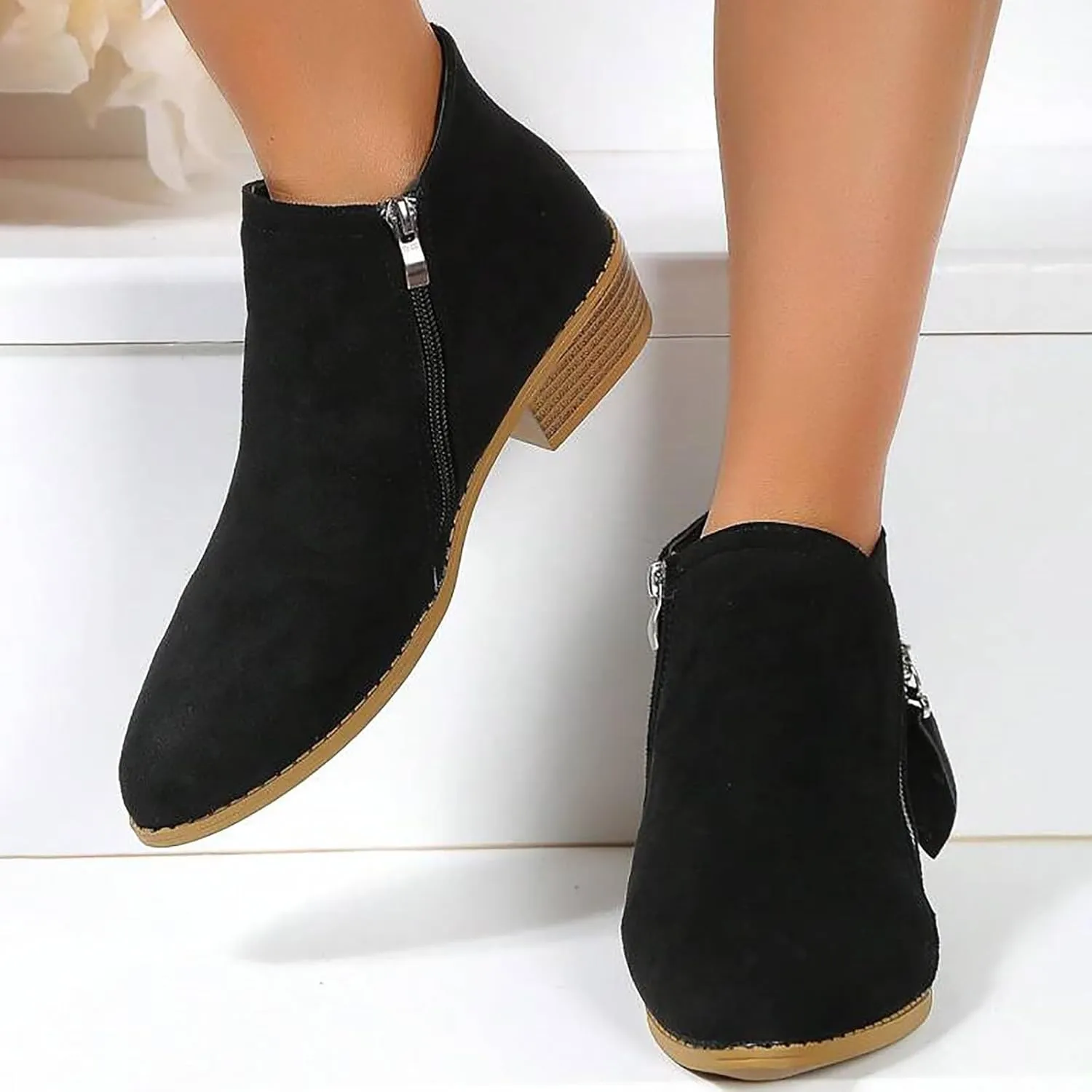 Ankle Boots for Women Women's Suede Chelsea Boots Fashion Pointed Toe Chunky Stacked Low Heel On Both Side Zip Ankle Booties