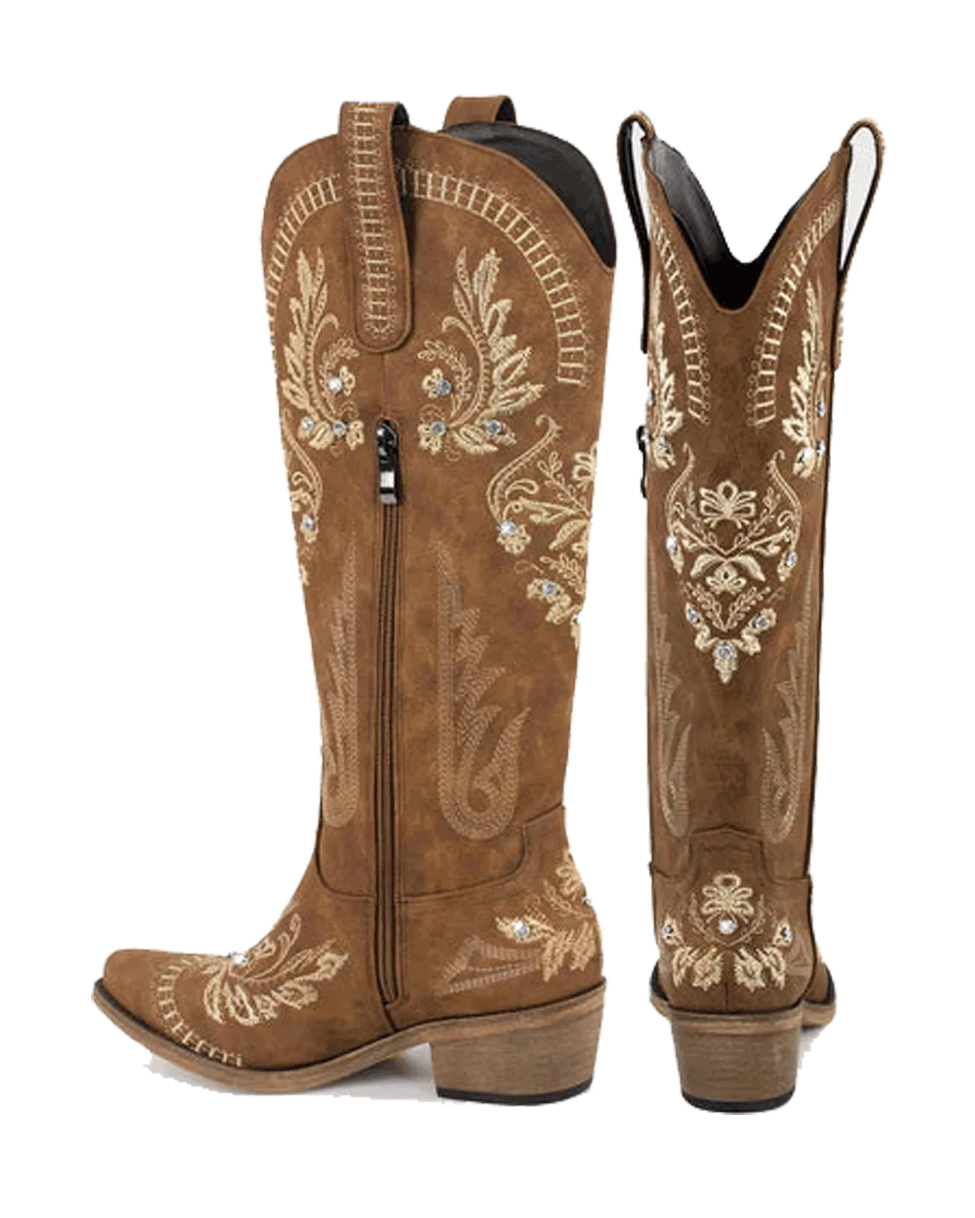 Armina Embroidery Leather Knee High Boots In Brown