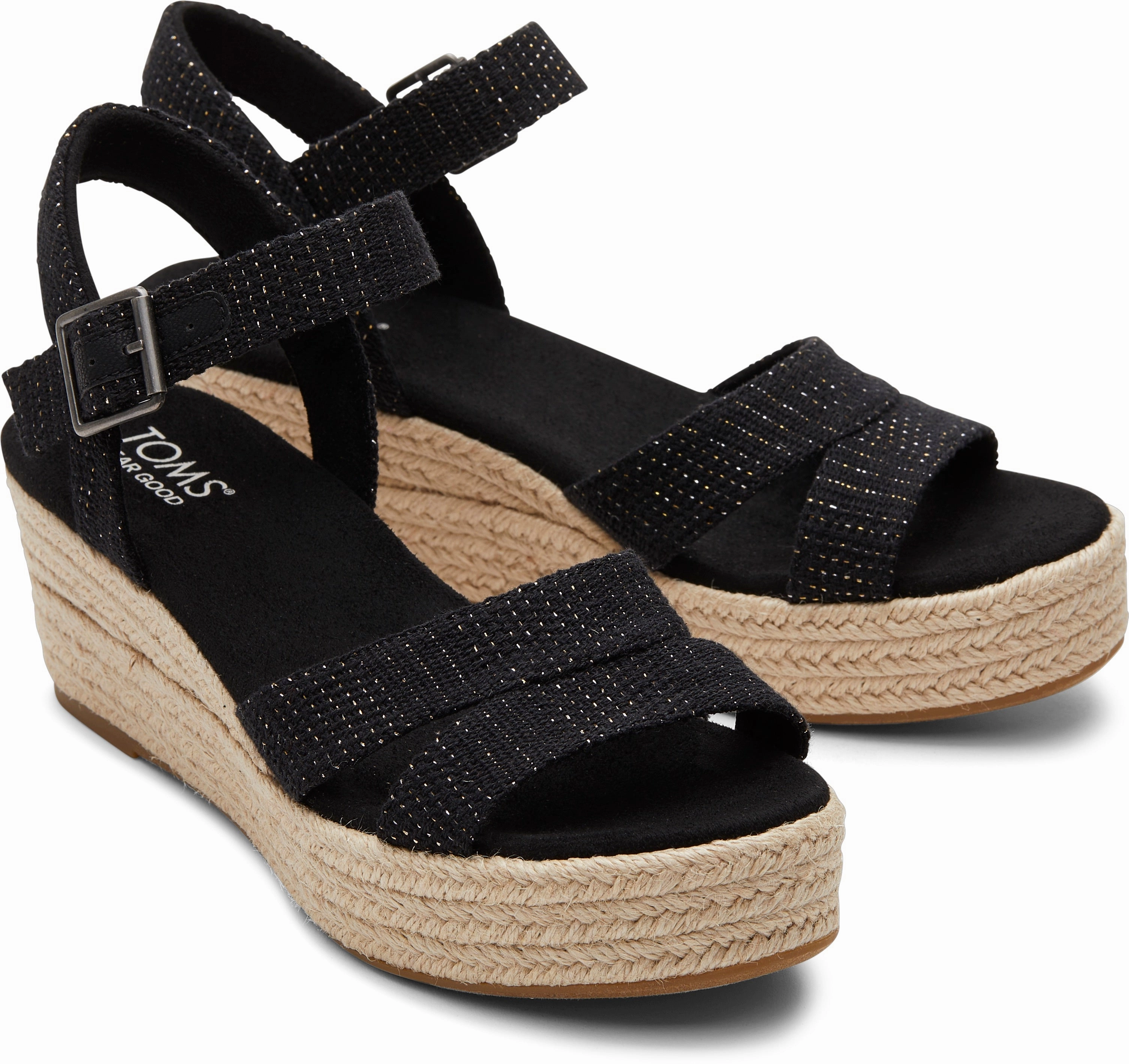Audrey Espadrille Sandal - Black Metallic Linen Stripe Stretchable Collar Design