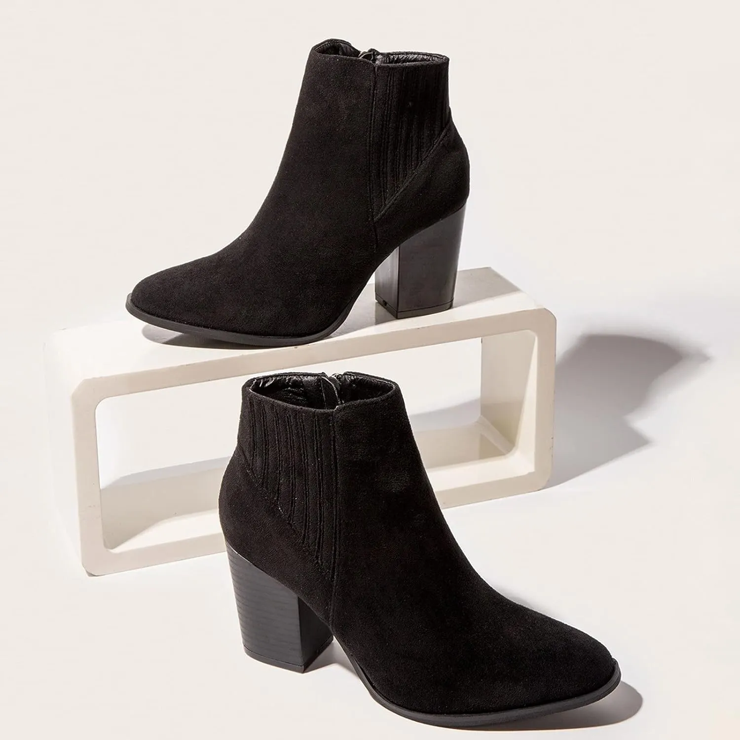 Bcshiye Womens Pointed Toe Stacked Mid Heel Ankle Boots Low Chunky Stacked Heel Side Zipper Faux Chelsea Booties