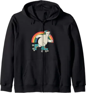 Bear In A Roller Skate Shoes Rainbow Kawaii Roller Skating Zip Hoodie