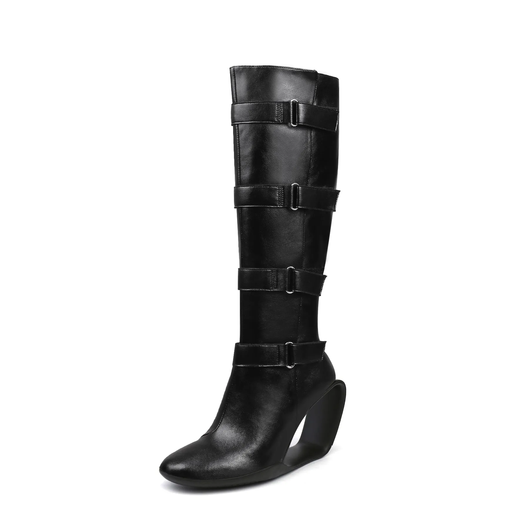 Black Knee-High Multi-Buckle Strap Boots