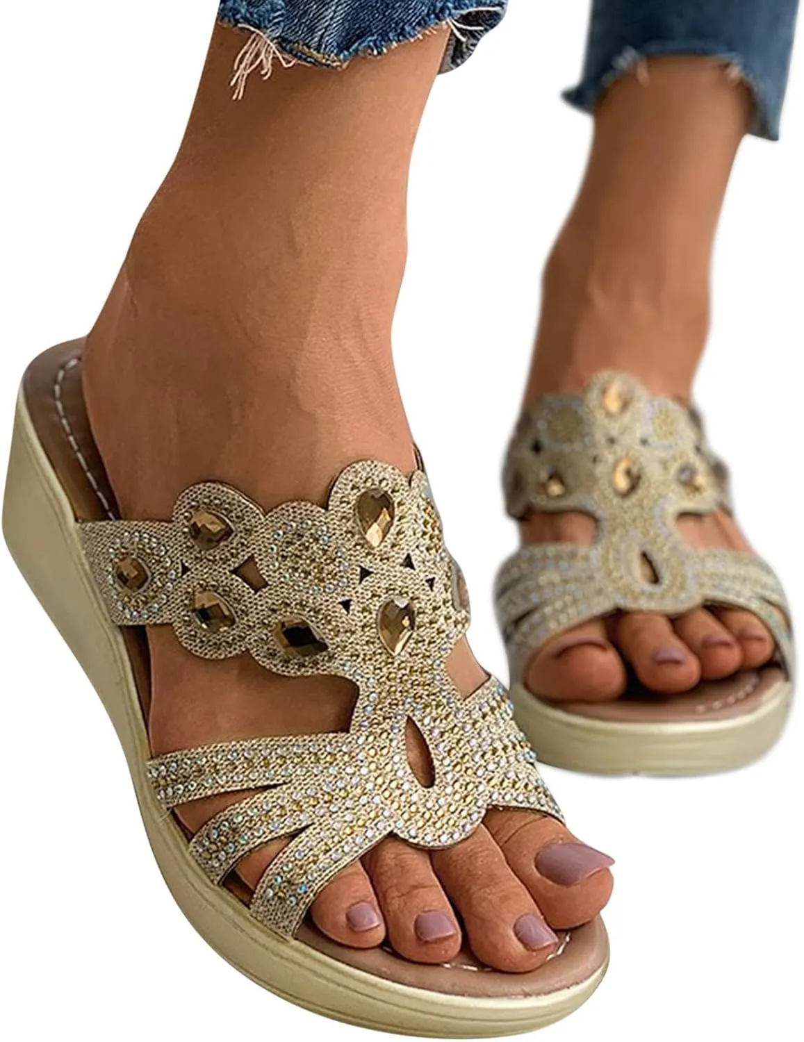 Boho Wedge Sandals for Women Open Toe Slip On Rhinestone Platforms Casual Dressy Comfortable Sandals Summer Shoes