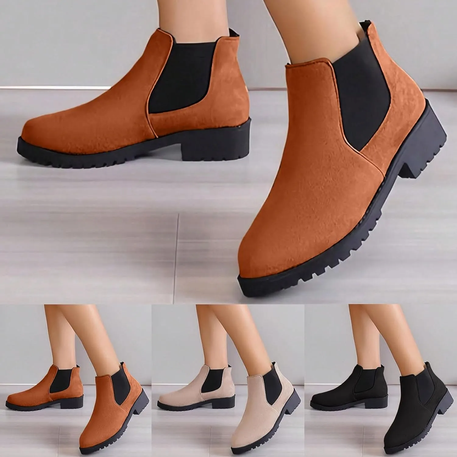 Boots for Women Dressy Low Heels Short Boots Fashion Women Autumn And Winter Suede Round Toe Elastic Sleeve Low Heel