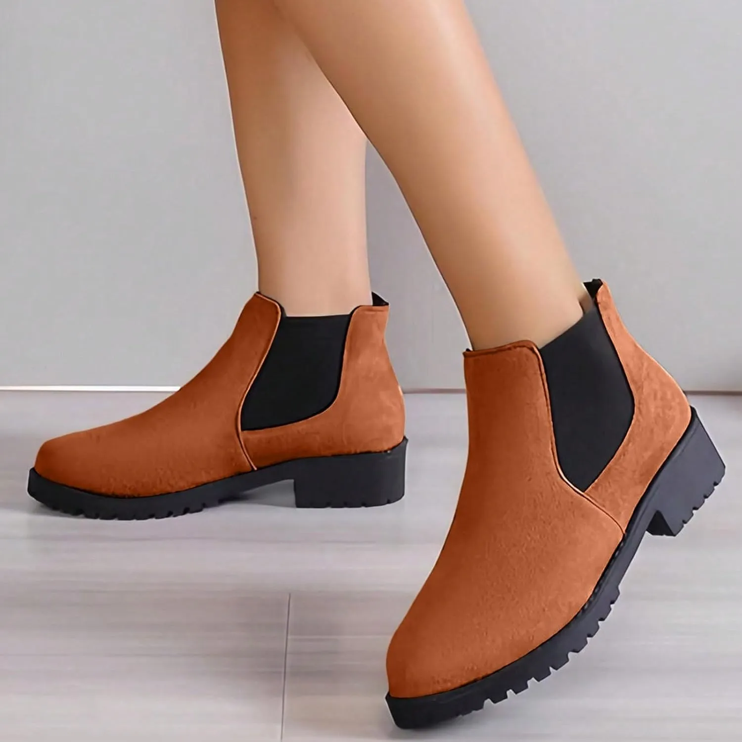Boots for Women Dressy Low Heels Short Boots Fashion Women Autumn And Winter Suede Round Toe Elastic Sleeve Low Heel