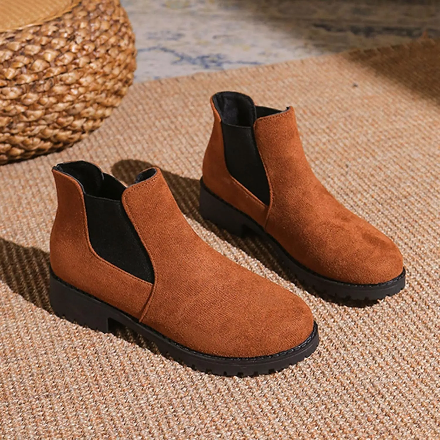 Boots for Women Dressy Low Heels Short Boots Fashion Women Autumn And Winter Suede Round Toe Elastic Sleeve Low Heel