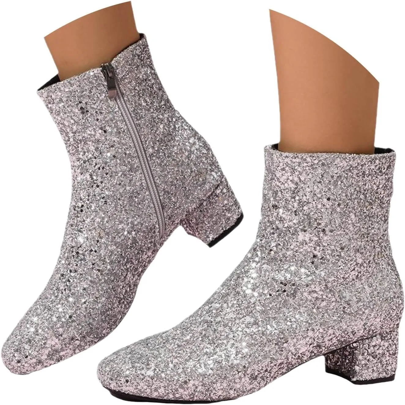 Boots for Women Fashion Glitter Chunky Heel Ankle Boots Sequins Block High Heels Pointed Toe with Side Zipper Booties