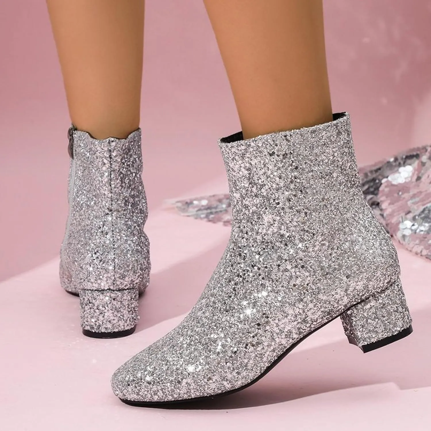 Boots for Women Fashion Glitter Chunky Heel Ankle Boots Sequins Block High Heels Pointed Toe with Side Zipper Booties