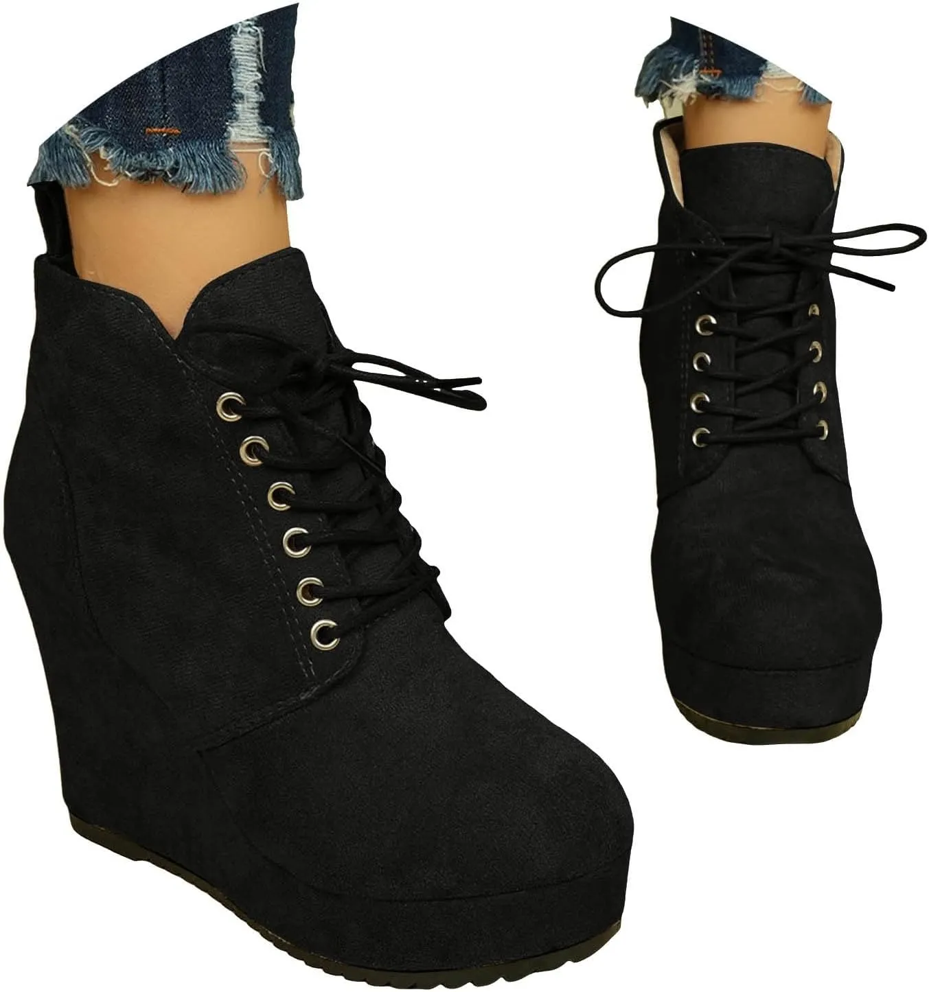 Boots for Women Fashion Suede Lace up Non-Slip Wedge Booties High Heel Chunky Thick Round Toe Chelsea Ankle Combat Booties