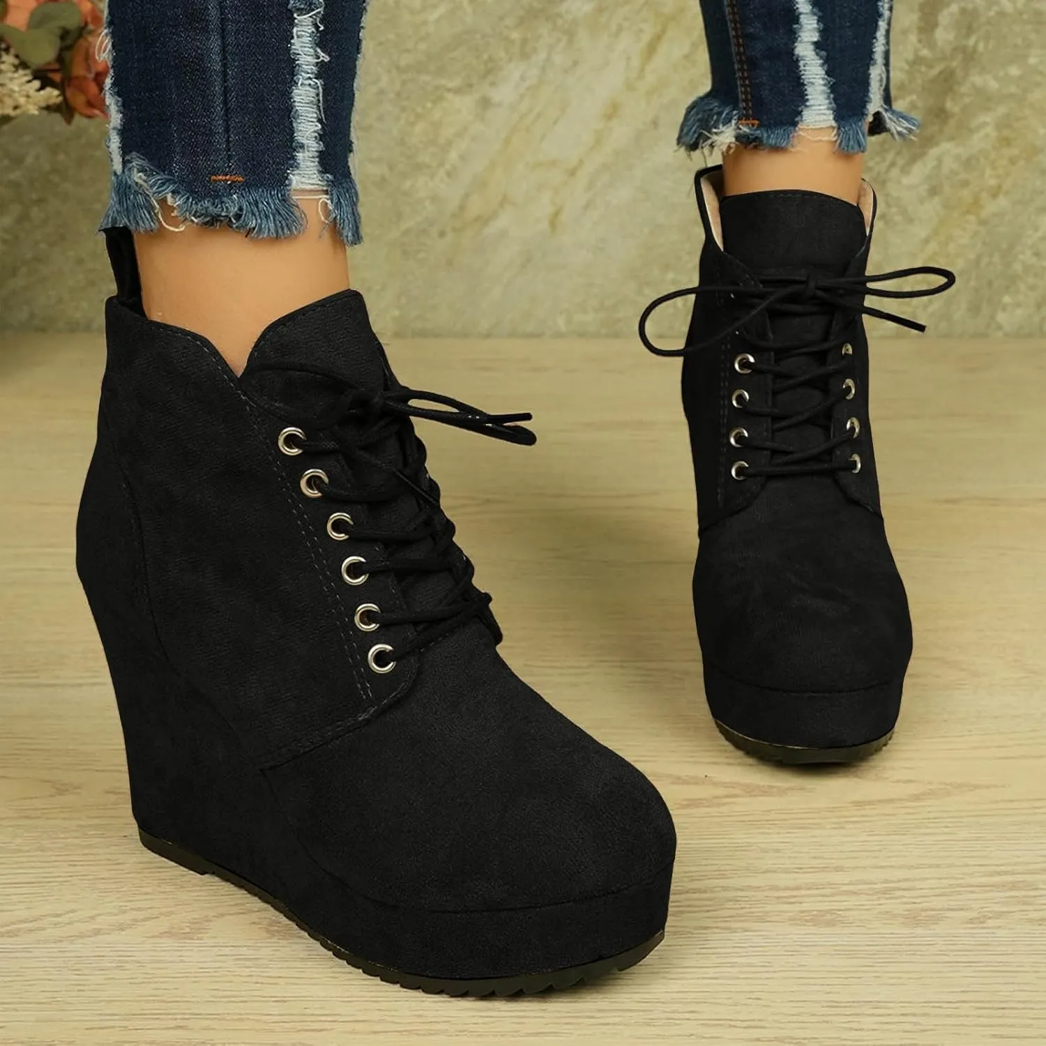 Boots for Women Fashion Suede Lace up Non-Slip Wedge Booties High Heel Chunky Thick Round Toe Chelsea Ankle Combat Booties
