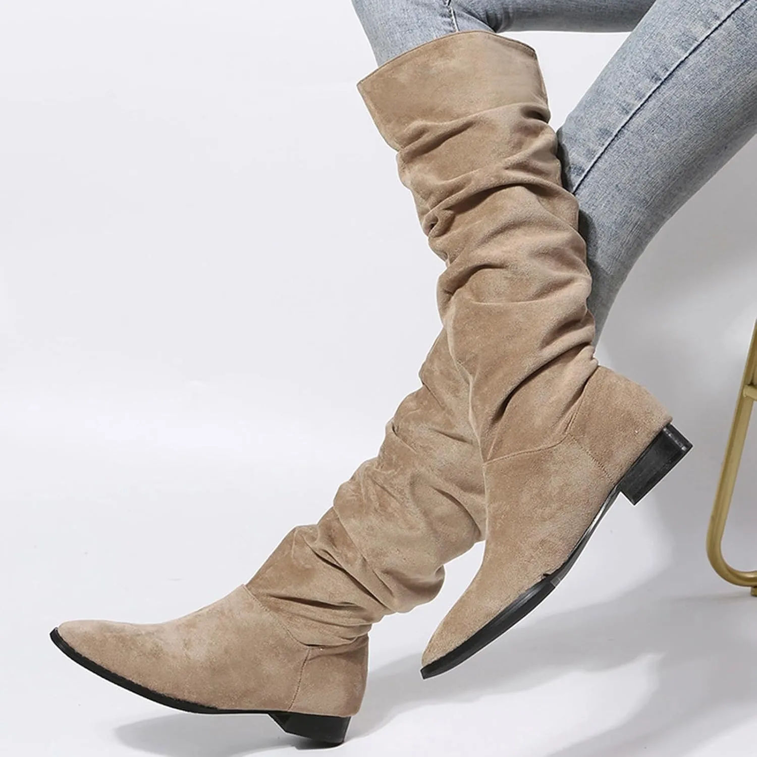 Boots for Women, Women Chunky Heel Pointed Toe Pleated Solid Color Knee High Boots Comfortable Trendy Outdoor Boots