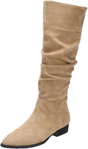 Boots for Women, Women Chunky Heel Pointed Toe Pleated Solid Color Knee High Boots Comfortable Trendy Outdoor Boots