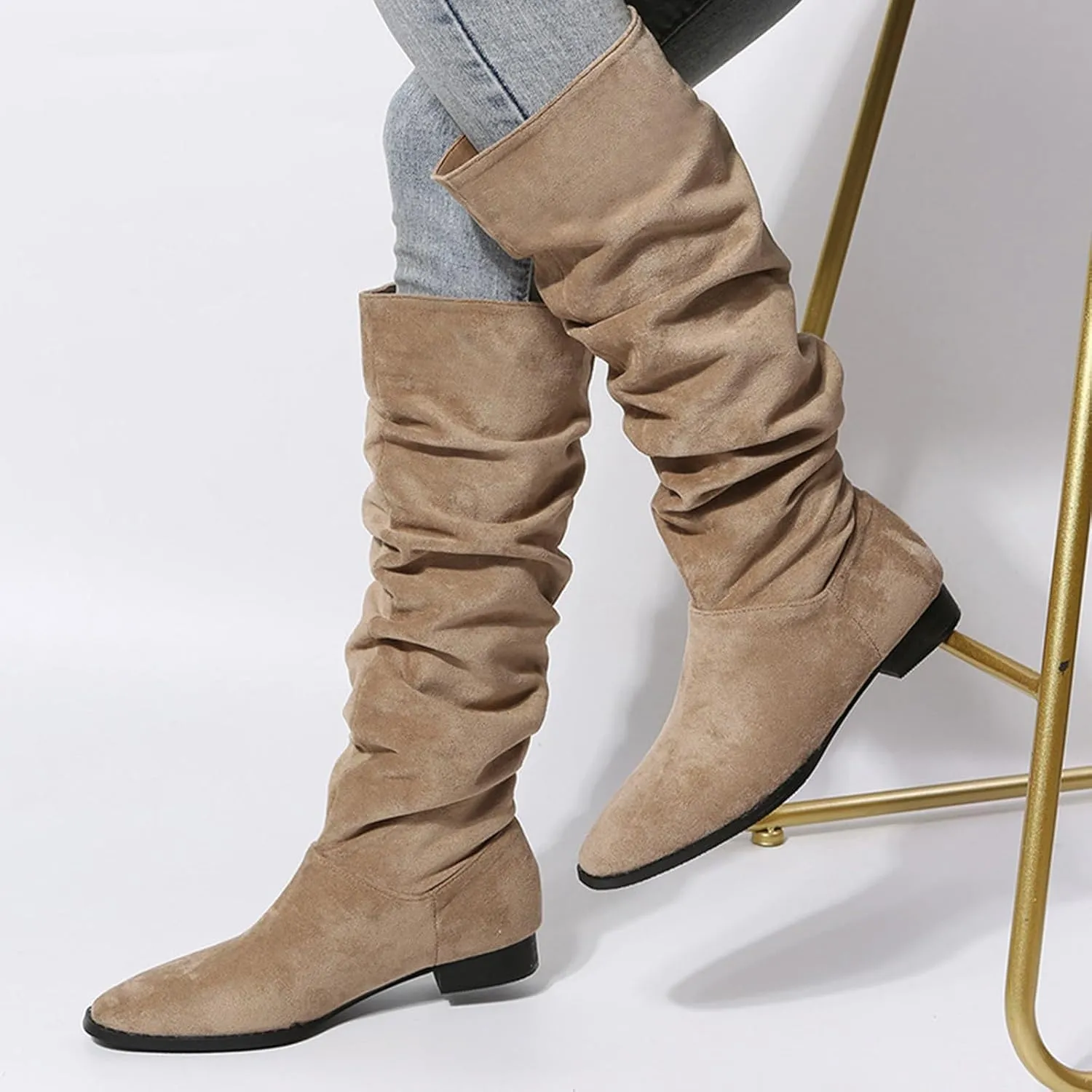 Boots for Women, Women Chunky Heel Pointed Toe Pleated Solid Color Knee High Boots Comfortable Trendy Outdoor Boots