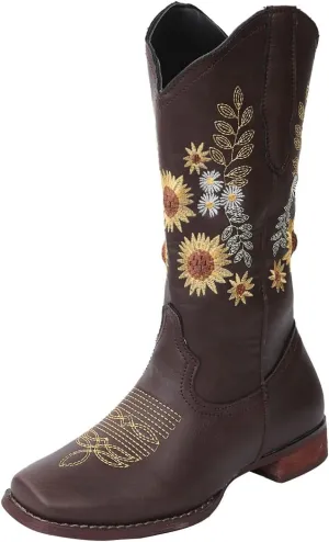 BORAMAX Womens Embroidered Sweet Sunflower Cowboy Cowgirl Boots Retro Western Chunky Heels Mid Calf Boots Riding for Women