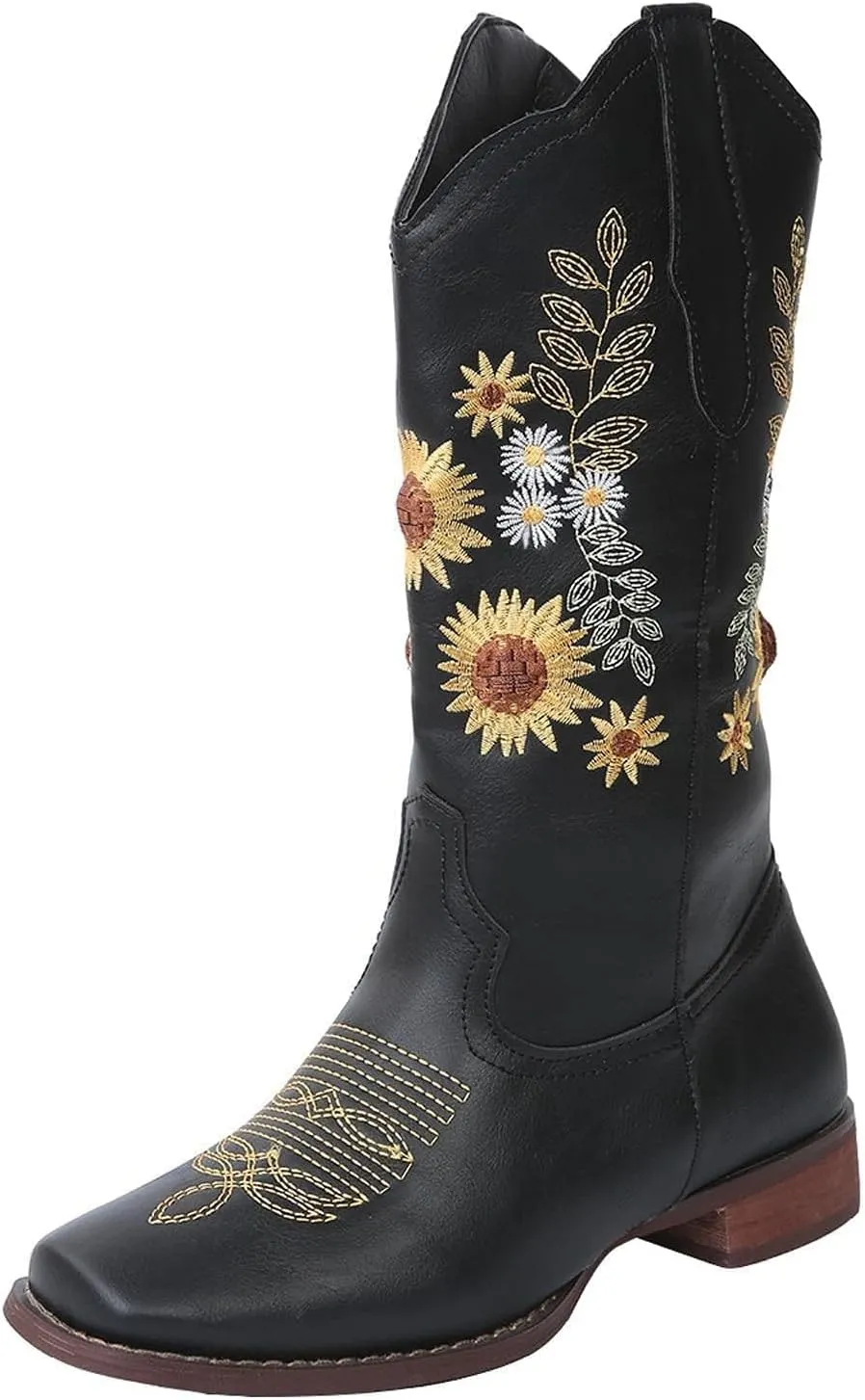 BORAMAX Womens Embroidered Sweet Sunflower Cowboy Cowgirl Boots Retro Western Chunky Heels Mid Calf Boots Riding for Women