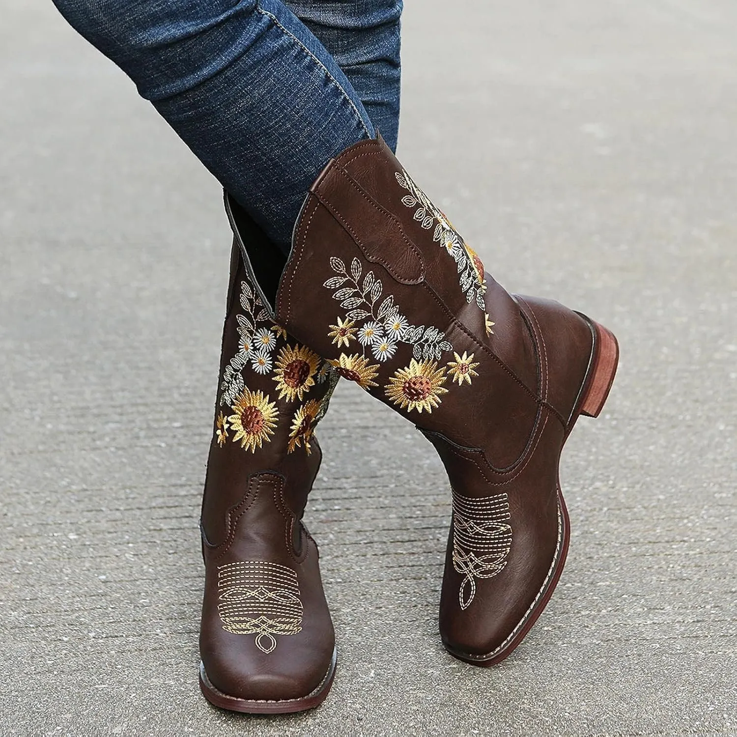BORAMAX Womens Embroidered Sweet Sunflower Cowboy Cowgirl Boots Retro Western Chunky Heels Mid Calf Boots Riding for Women