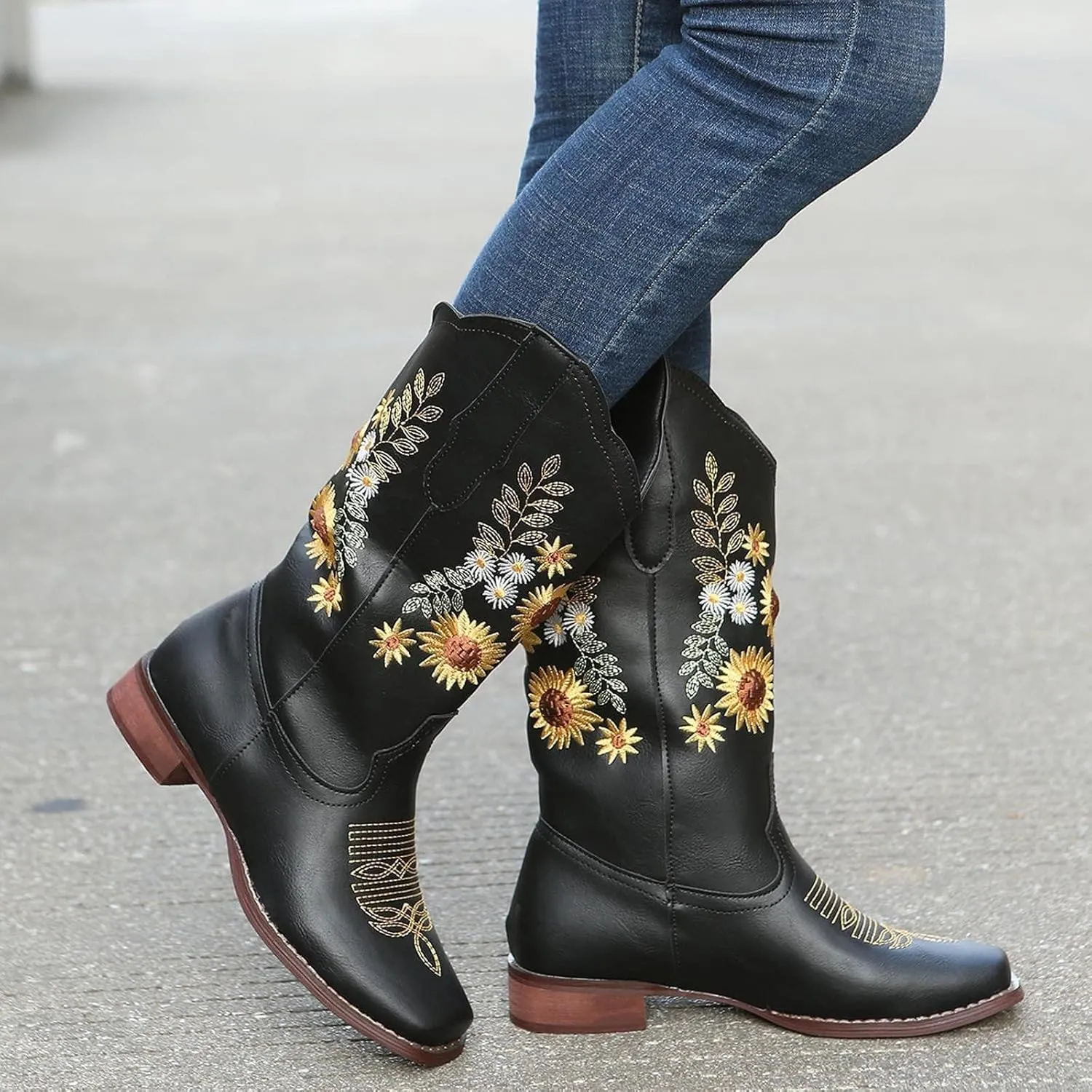 BORAMAX Womens Embroidered Sweet Sunflower Cowboy Cowgirl Boots Retro Western Chunky Heels Mid Calf Boots Riding for Women