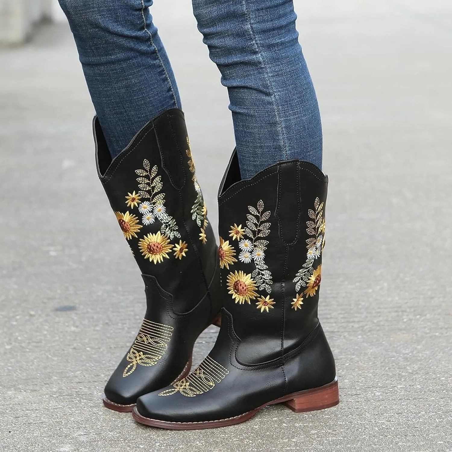 BORAMAX Womens Embroidered Sweet Sunflower Cowboy Cowgirl Boots Retro Western Chunky Heels Mid Calf Boots Riding for Women