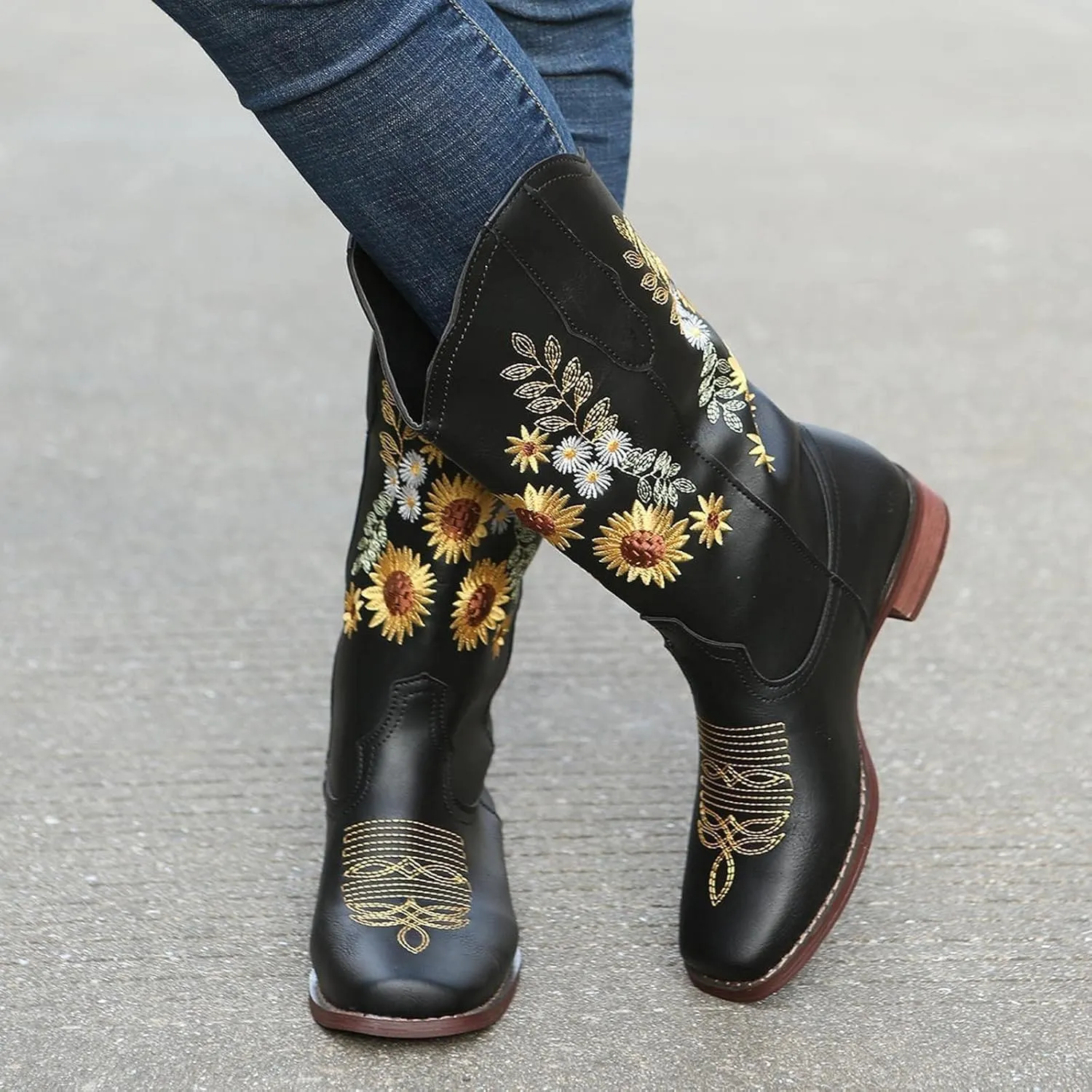 BORAMAX Womens Embroidered Sweet Sunflower Cowboy Cowgirl Boots Retro Western Chunky Heels Mid Calf Boots Riding for Women