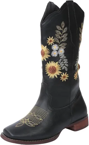 BORAMAX Womens Embroidered Sweet Sunflower Cowboy Cowgirl Boots Retro Western Chunky Heels Mid Calf Boots Riding for Women