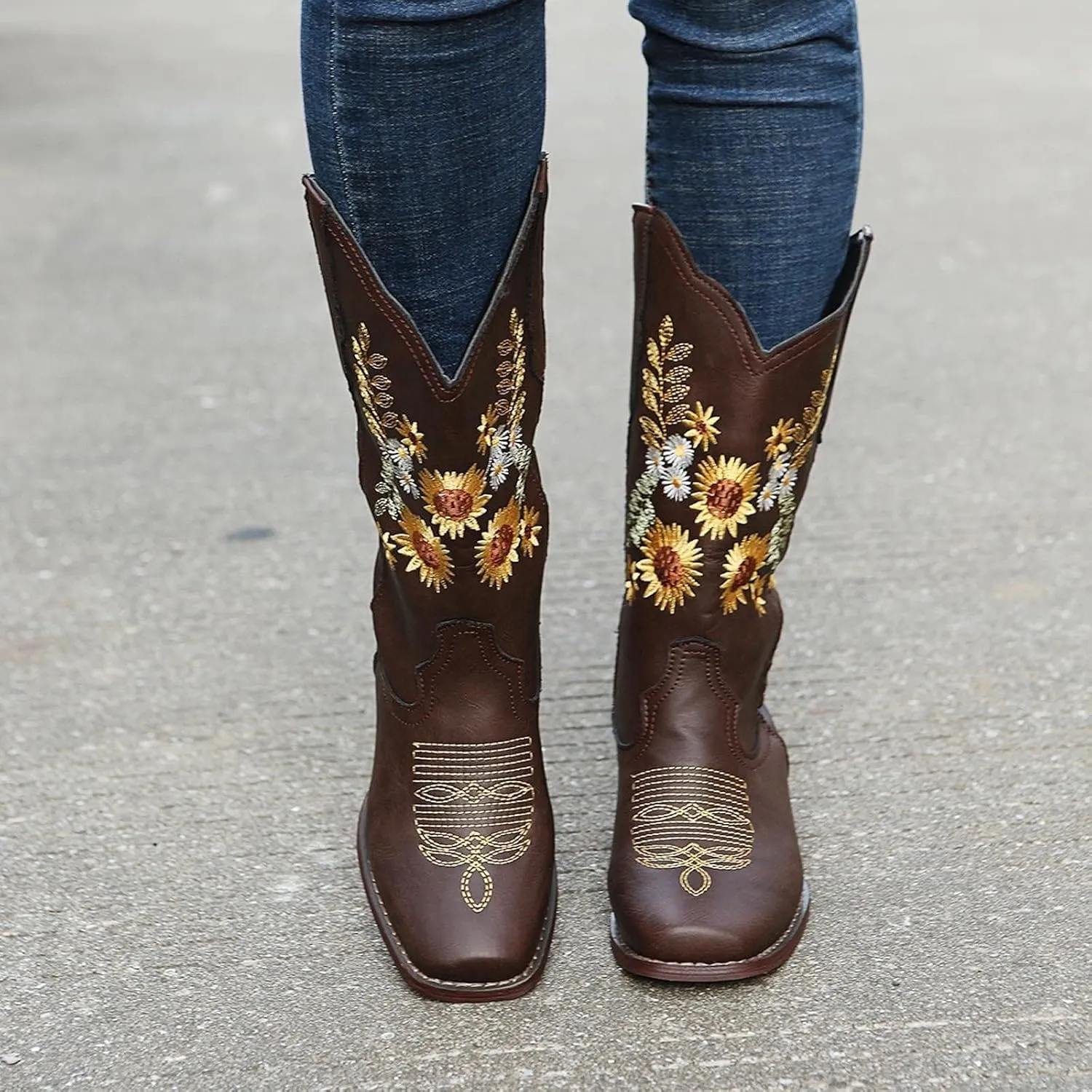 BORAMAX Womens Embroidered Sweet Sunflower Cowboy Cowgirl Boots Retro Western Chunky Heels Mid Calf Boots Riding for Women