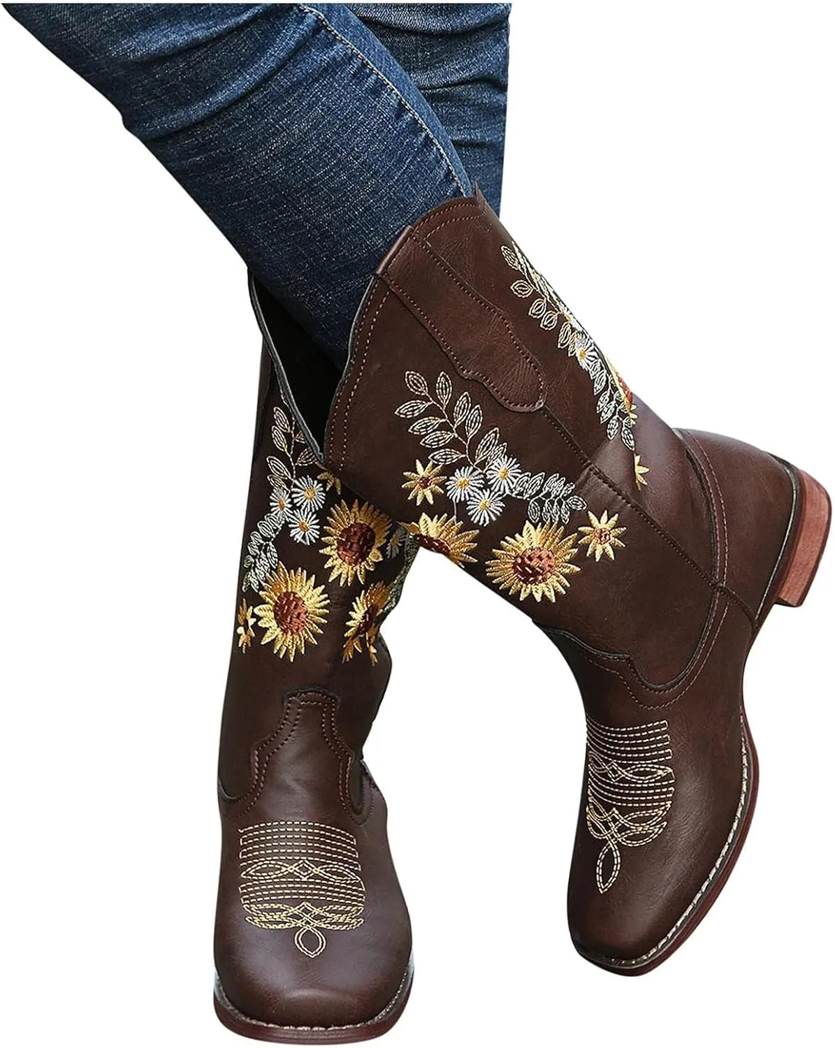 BORAMAX Womens Embroidered Sweet Sunflower Cowboy Cowgirl Boots Retro Western Chunky Heels Mid Calf Boots Riding for Women