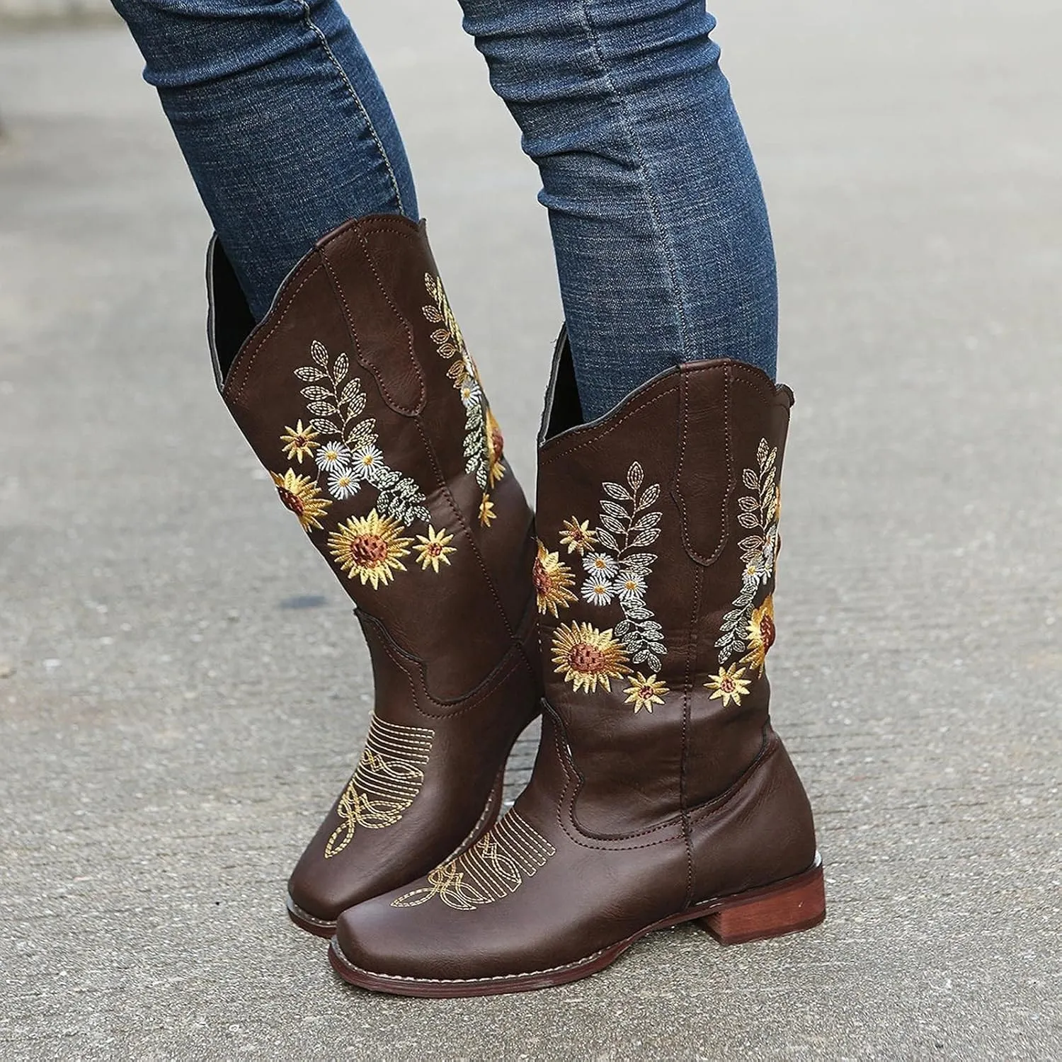 BORAMAX Womens Embroidered Sweet Sunflower Cowboy Cowgirl Boots Retro Western Chunky Heels Mid Calf Boots Riding for Women
