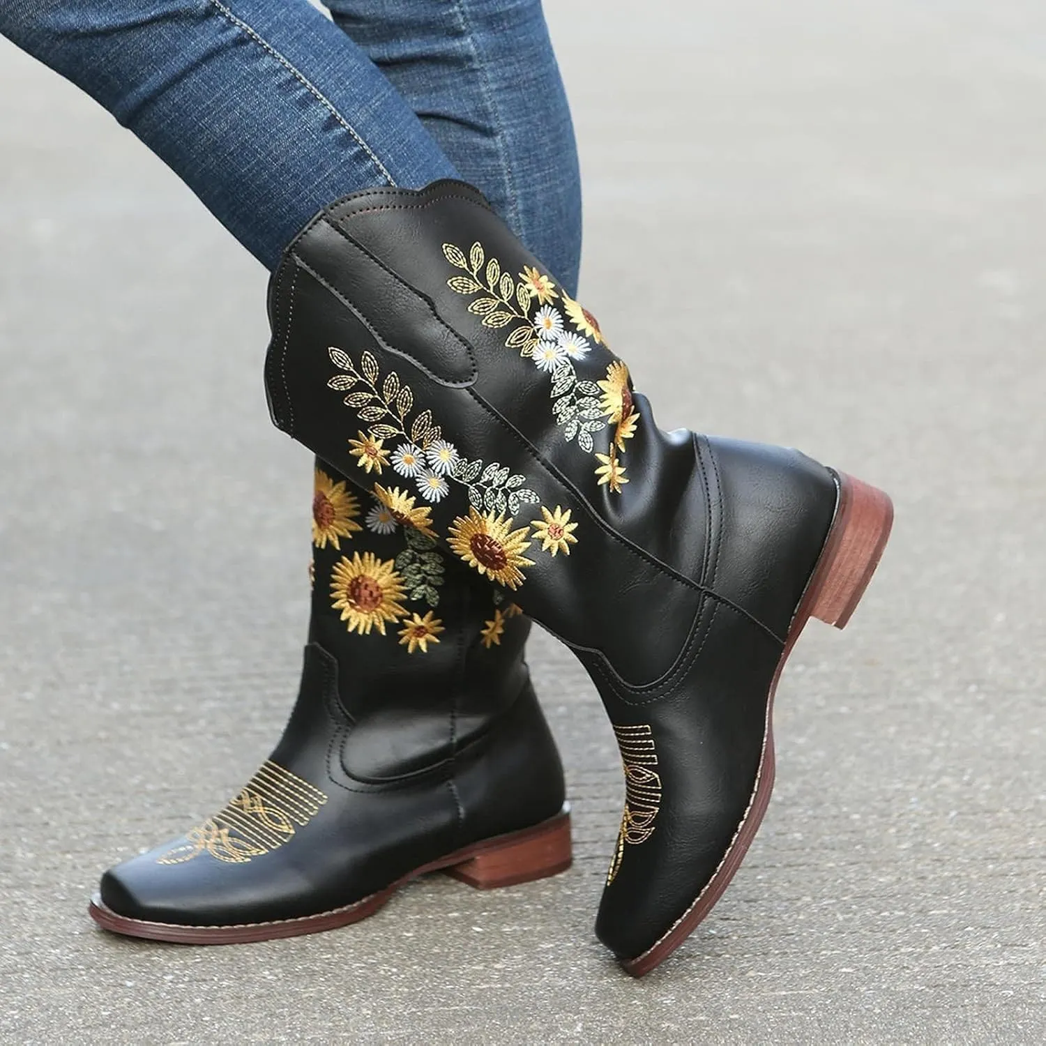 BORAMAX Womens Embroidered Sweet Sunflower Cowboy Cowgirl Boots Retro Western Chunky Heels Mid Calf Boots Riding for Women