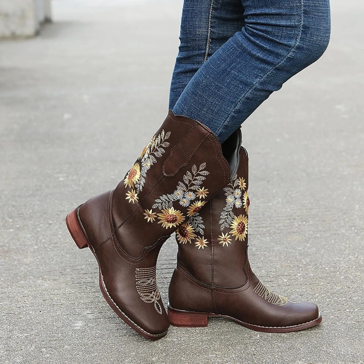 BORAMAX Womens Embroidered Sweet Sunflower Cowboy Cowgirl Boots Retro Western Chunky Heels Mid Calf Boots Riding for Women