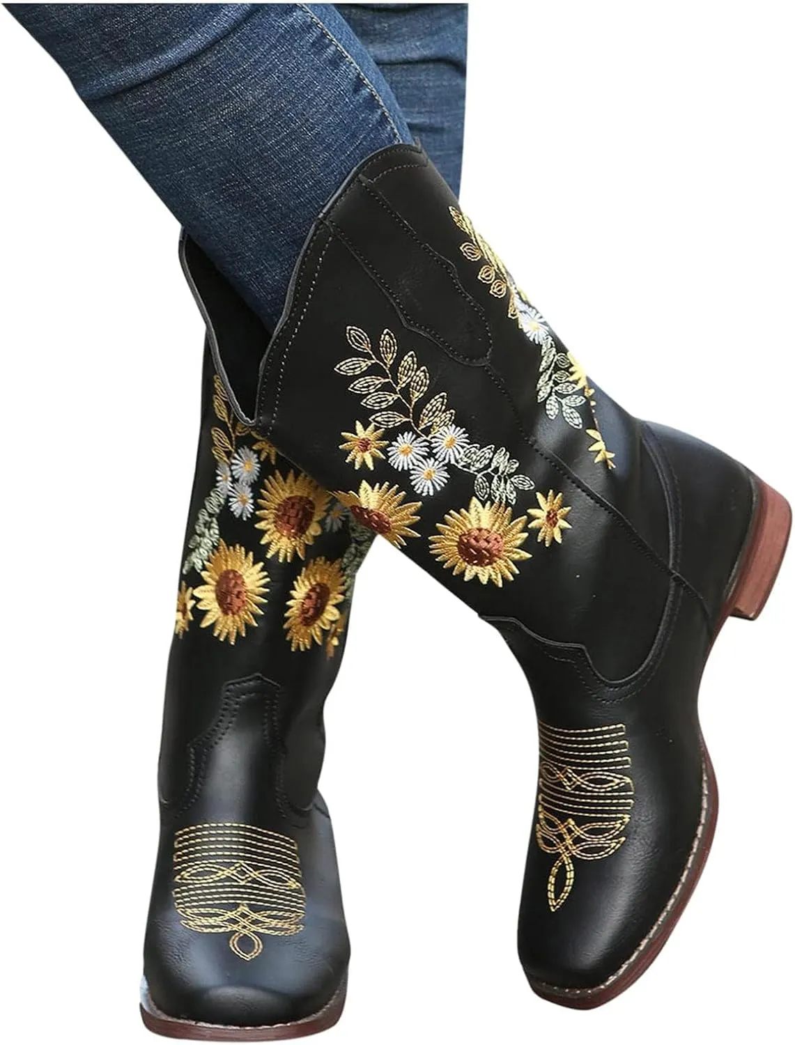 BORAMAX Womens Embroidered Sweet Sunflower Cowboy Cowgirl Boots Retro Western Chunky Heels Mid Calf Boots Riding for Women