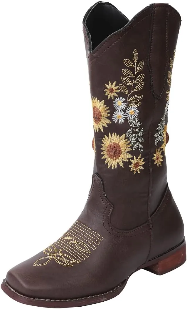 BORAMAX Womens Embroidered Sweet Sunflower Cowboy Cowgirl Boots Retro Western Chunky Heels Mid Calf Boots Riding for Women