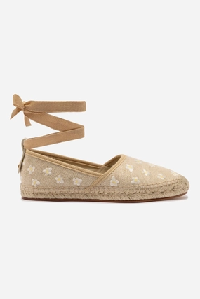 Letizia Espadrille Flat In Raw Linen and Daisy Embroidery Leaf Fall Street Beat
