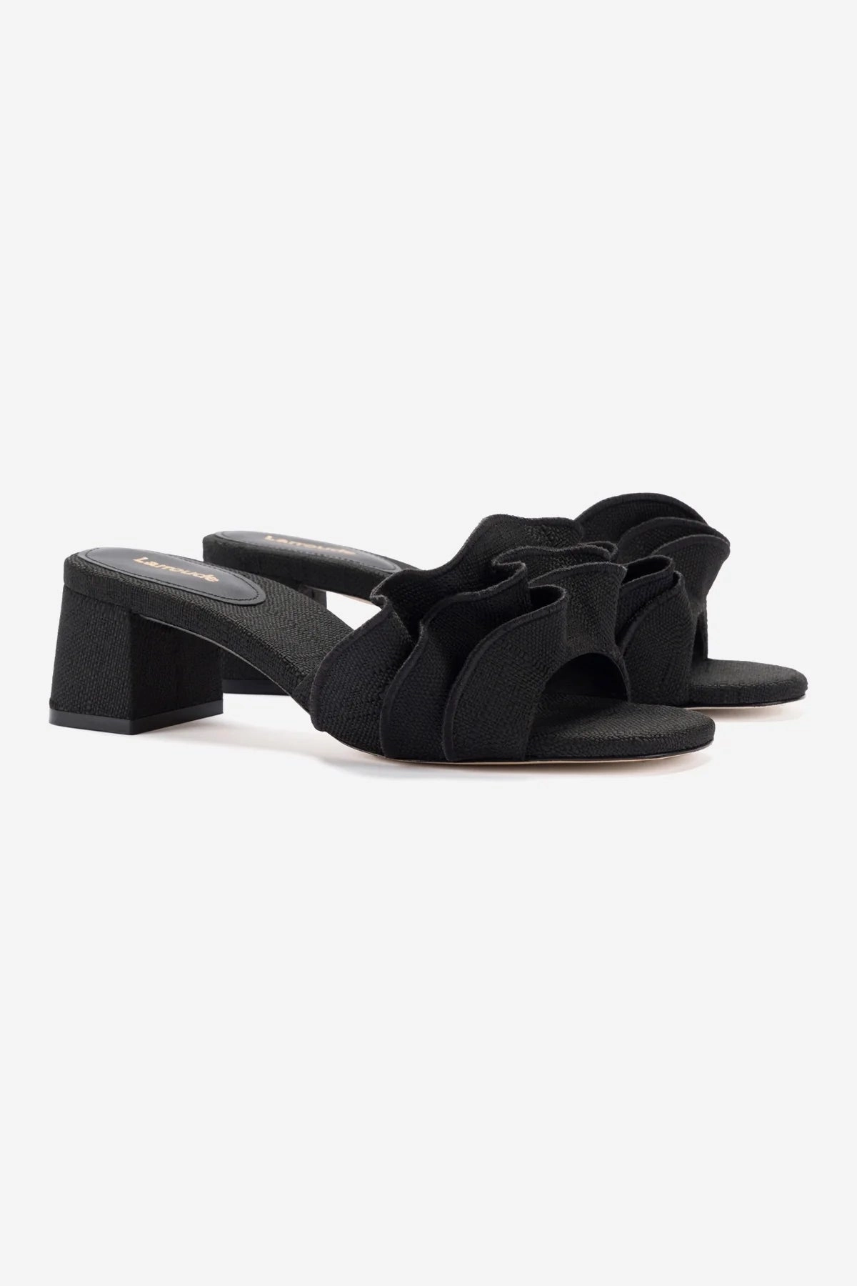 Minimal Design Brigitte Ruffle Mule In Black Raffia Silky Interior